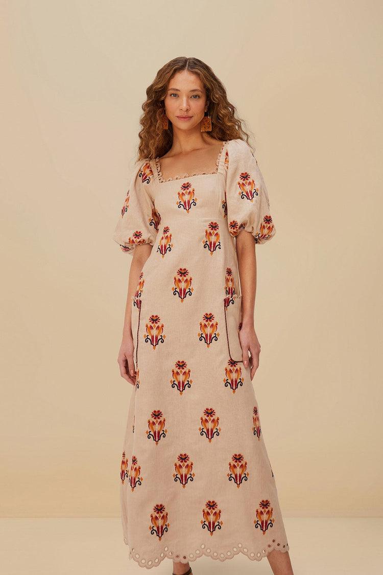 Farm Rio Rose Embroidered Macaw Euroflax™ Premium Linen Maxi Dress ROSE