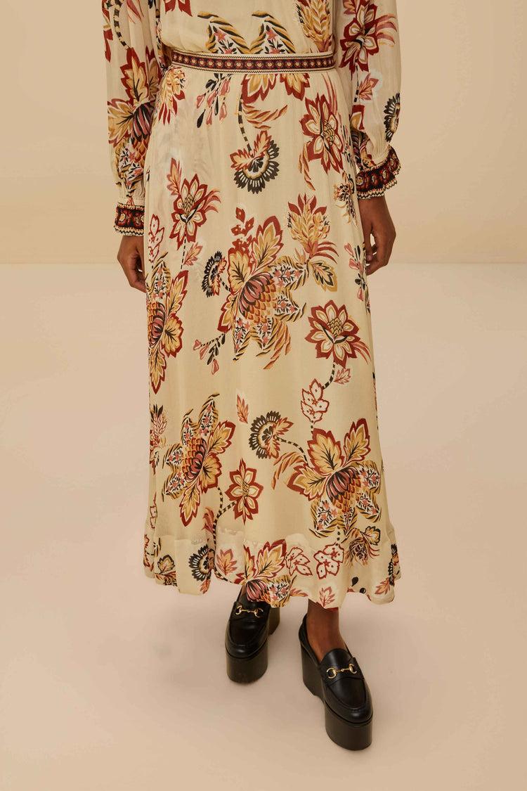 Farm Rio Sand Aura Floral Midi Skirt AURA FLORAL SAND
