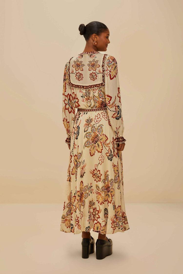 Farm Rio Sand Aura Floral Midi Skirt AURA FLORAL SAND