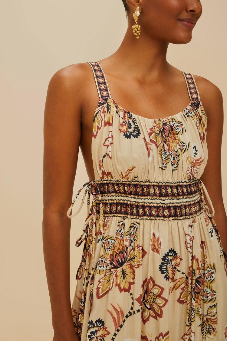 Farm Rio Sand Aura Floral Sleeveless Midi Dress AURA FLORAL SAND