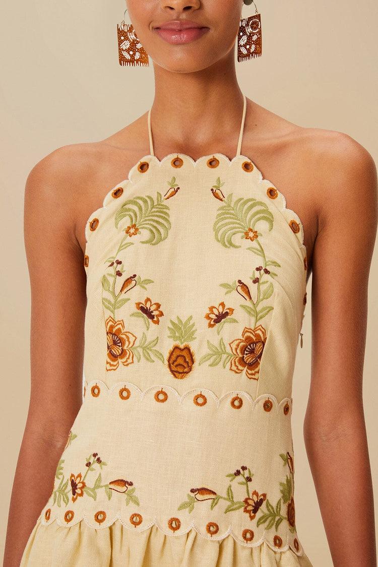 Farm Rio Sand Delicate Forest Richelieu Embroidered Euroflax™ Premium Linen Midi Dress SAND