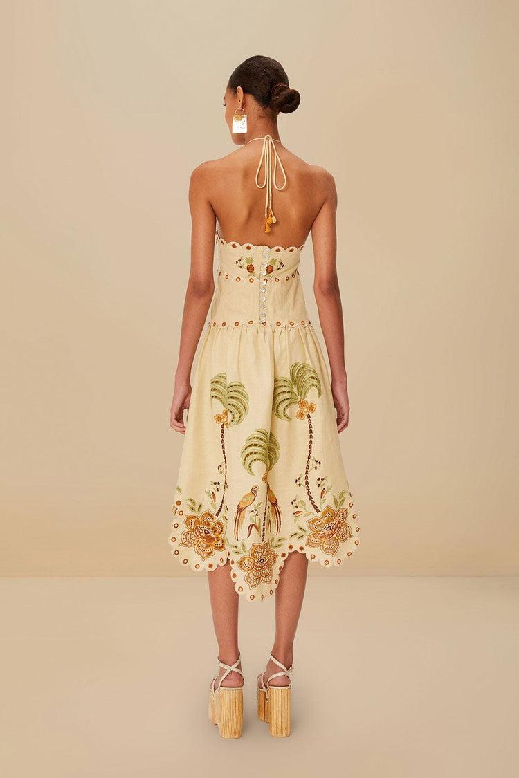 Farm Rio Sand Delicate Forest Richelieu Embroidered Euroflax™ Premium Linen Midi Dress SAND