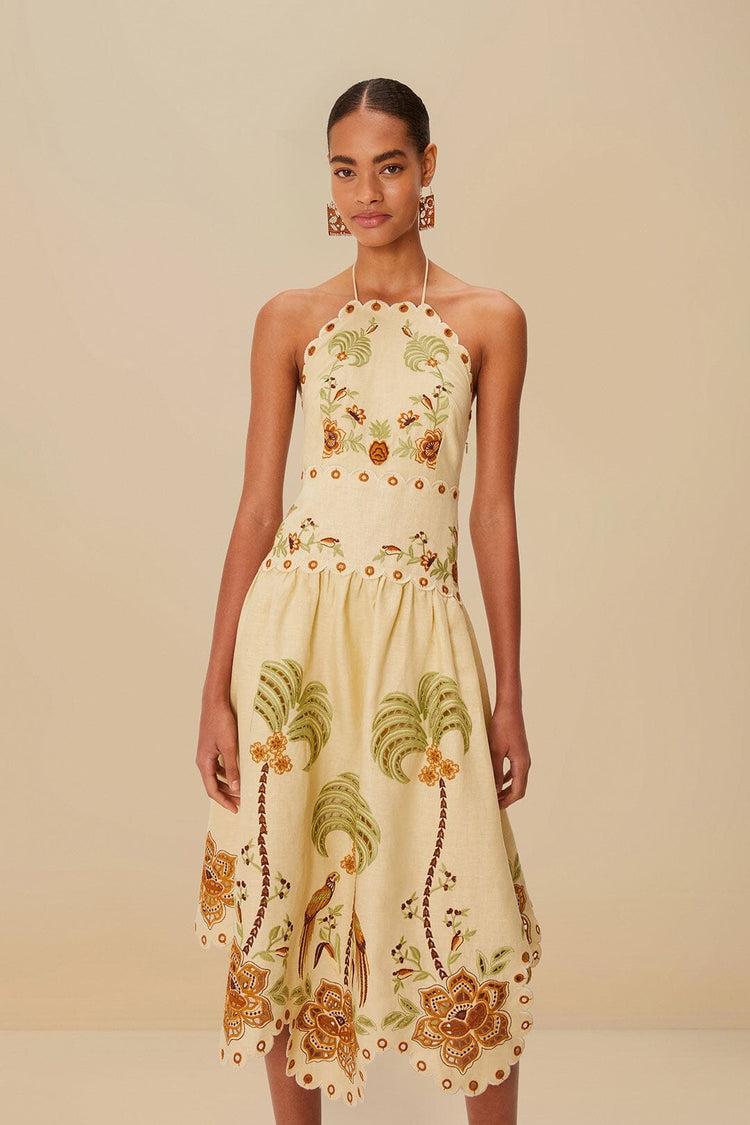 farm rio sand delicate forest richelieu embroidered euroflax™ premium linen midi dress SAND