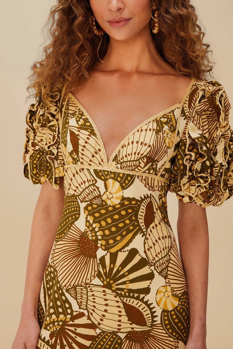 Farm Rio Sand Shell Mix Lenzing™ Ecovero™ Viscose Mini Dress SHELL MIX CAMEL