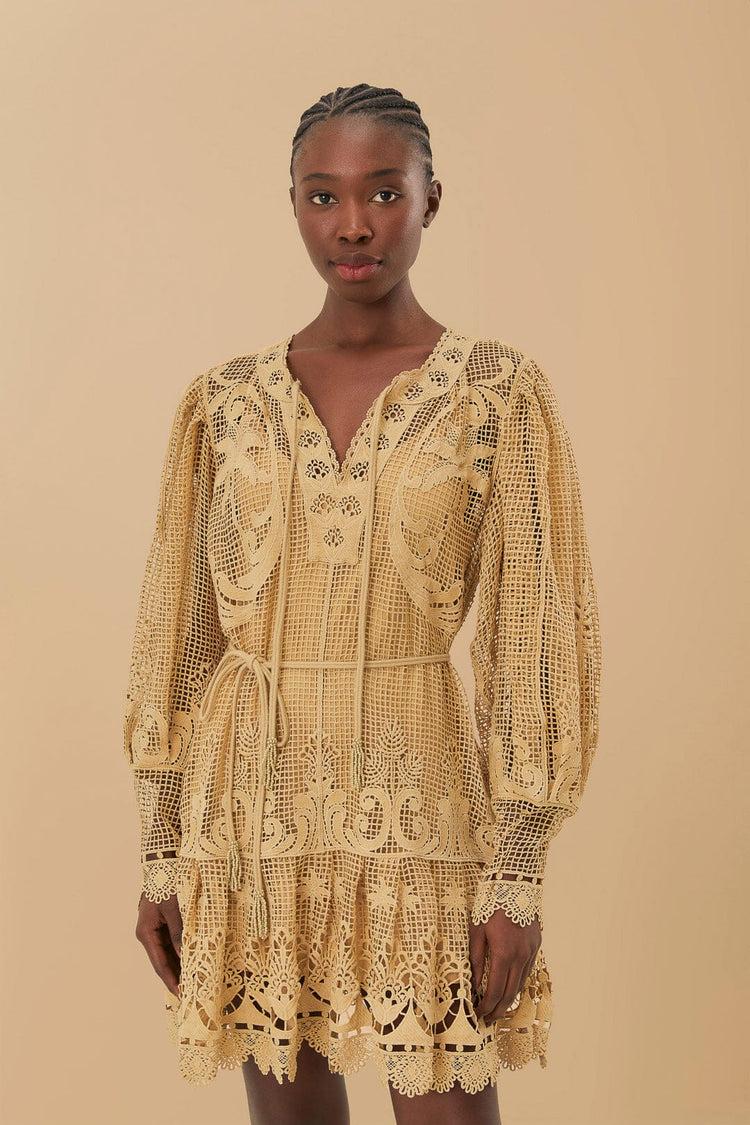 Farm Rio Sand Tropical Flight Guipure Mini Dress SAND