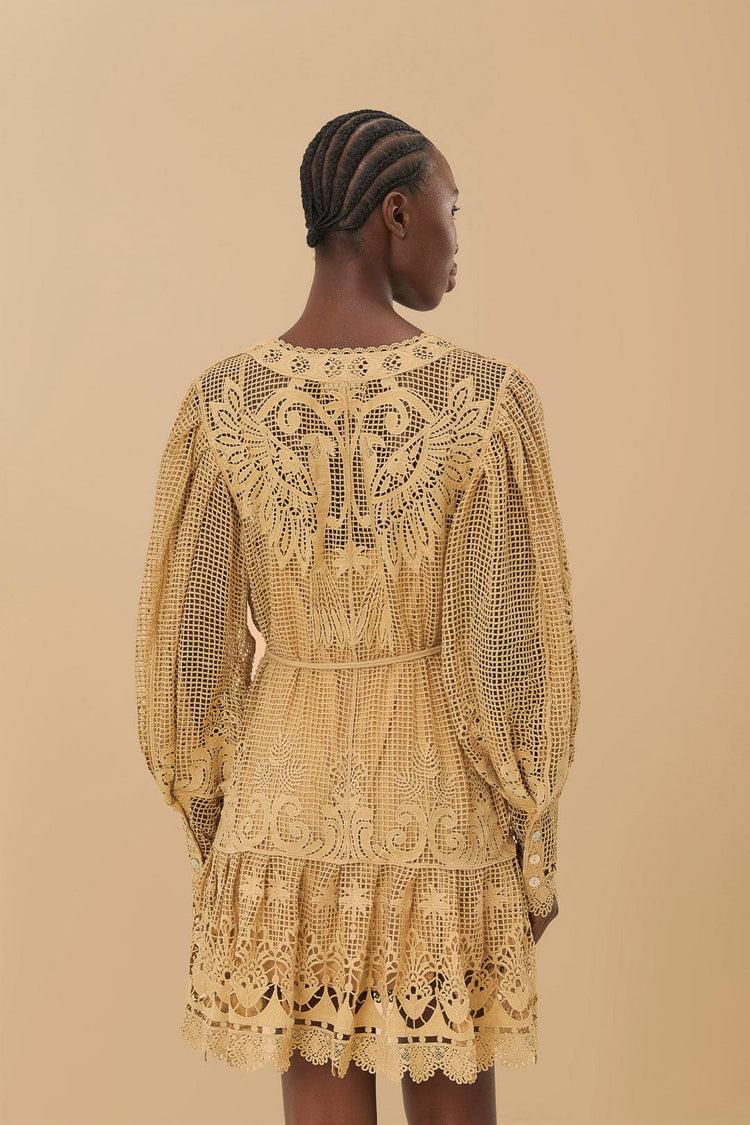 Farm Rio Sand Tropical Flight Guipure Mini Dress SAND