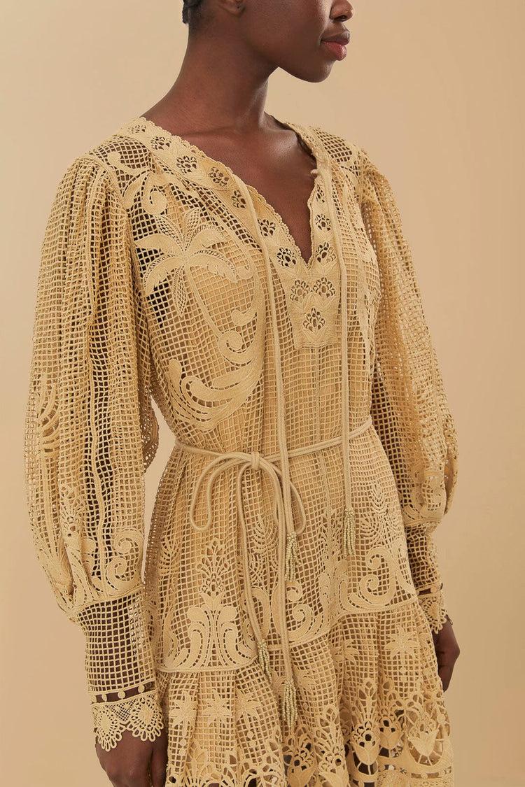 Farm Rio Sand Tropical Flight Guipure Mini Dress SAND