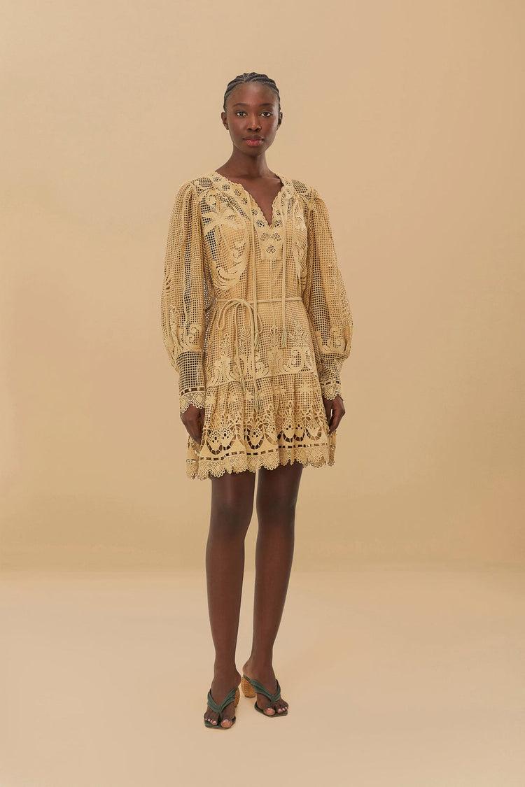 farm rio sand tropical flight guipure mini dress SAND