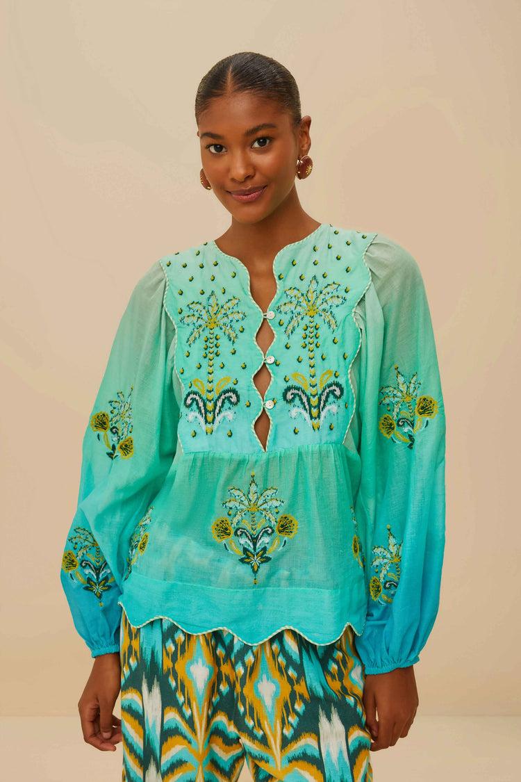 farm rio turquoise palm tree tapestry blue wavy yoke blouse TURQUOISE PALM TREE TAPESTRY