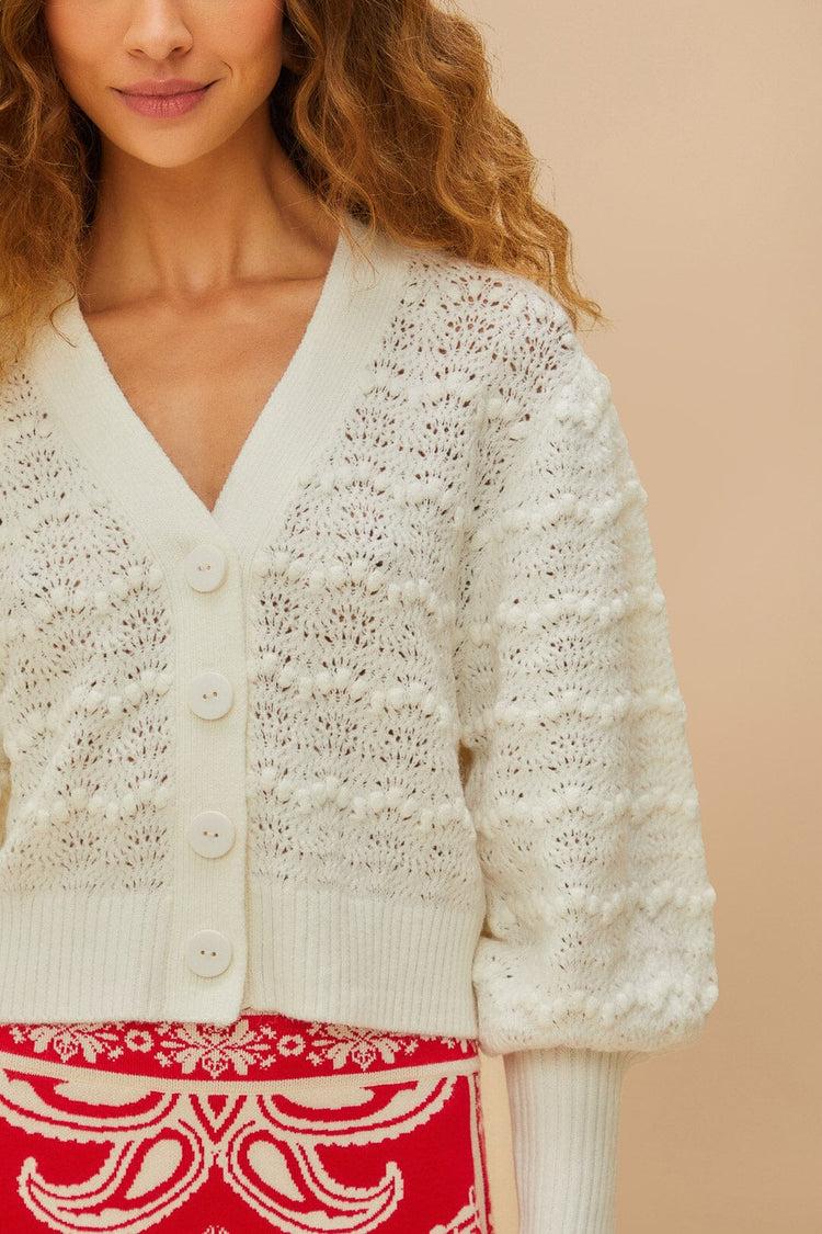 Farm Rio White Lace Stitch Knit Crop Cardigan WHITE