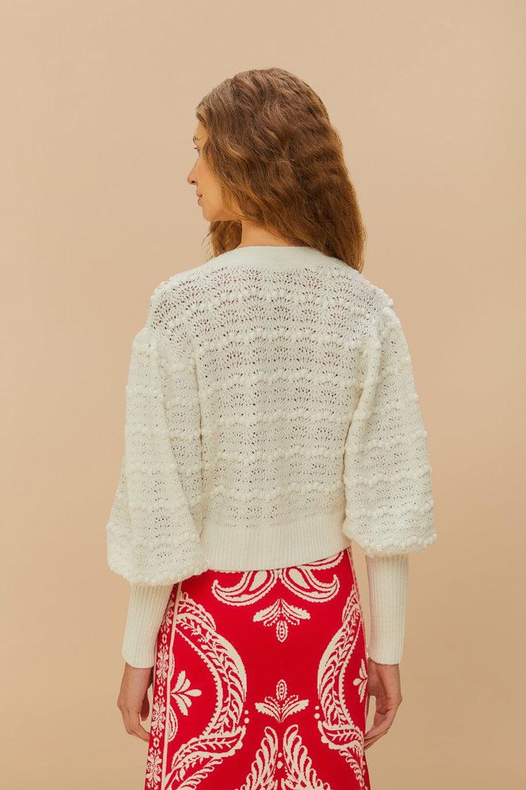 Farm Rio White Lace Stitch Knit Crop Cardigan WHITE