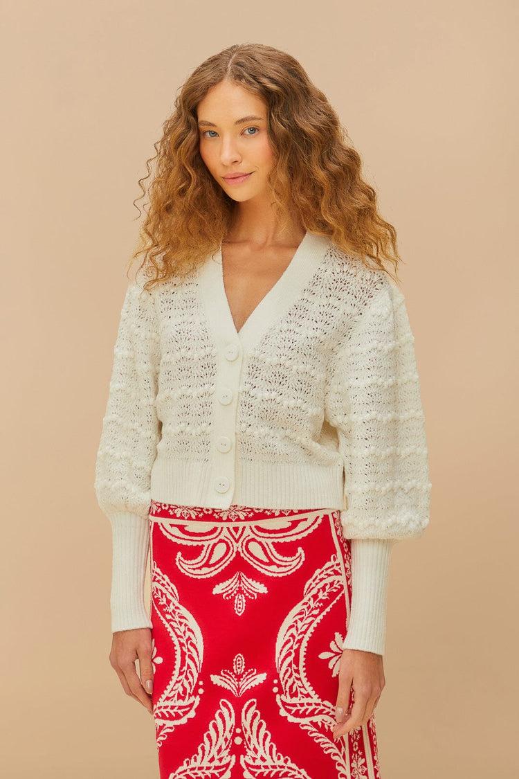 farm rio white lace stitch knit crop cardigan WHITE