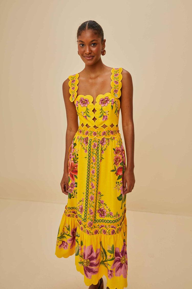 Farm Rio Yellow Summer Fruit Scarf Lenzing™ Ecovero™ Euroflax™ Midi Dress SUMMER FRUIT SCARF YELLOW