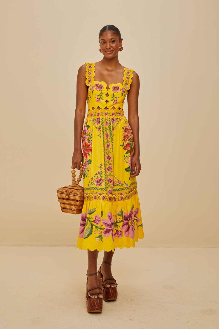 farm rio yellow summer fruit scarf lenzing™ ecovero™ euroflax™ midi dress SUMMER FRUIT SCARF YELLOW