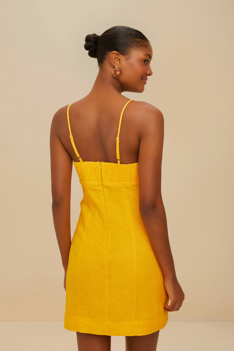 Farm Rio Yellow Sunrise Cup Euroflax™ Premium Linen Mini Dress YELLOW