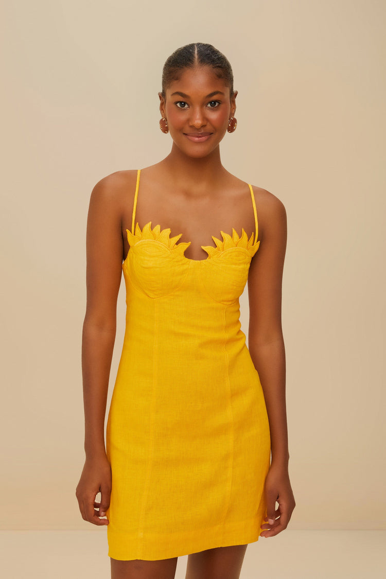 farm rio yellow sunrise cup euroflax™ premium linen mini dress YELLOW