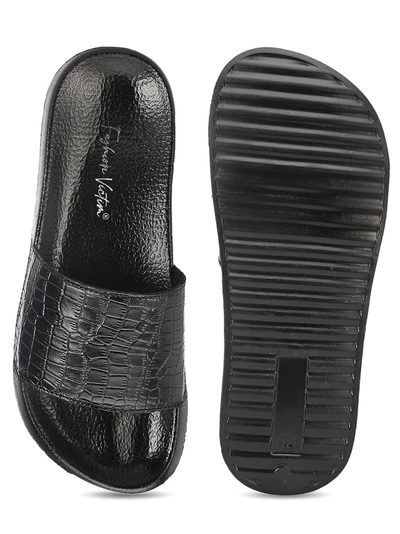 Fashion Victim Men Black Textured Leather Sliders