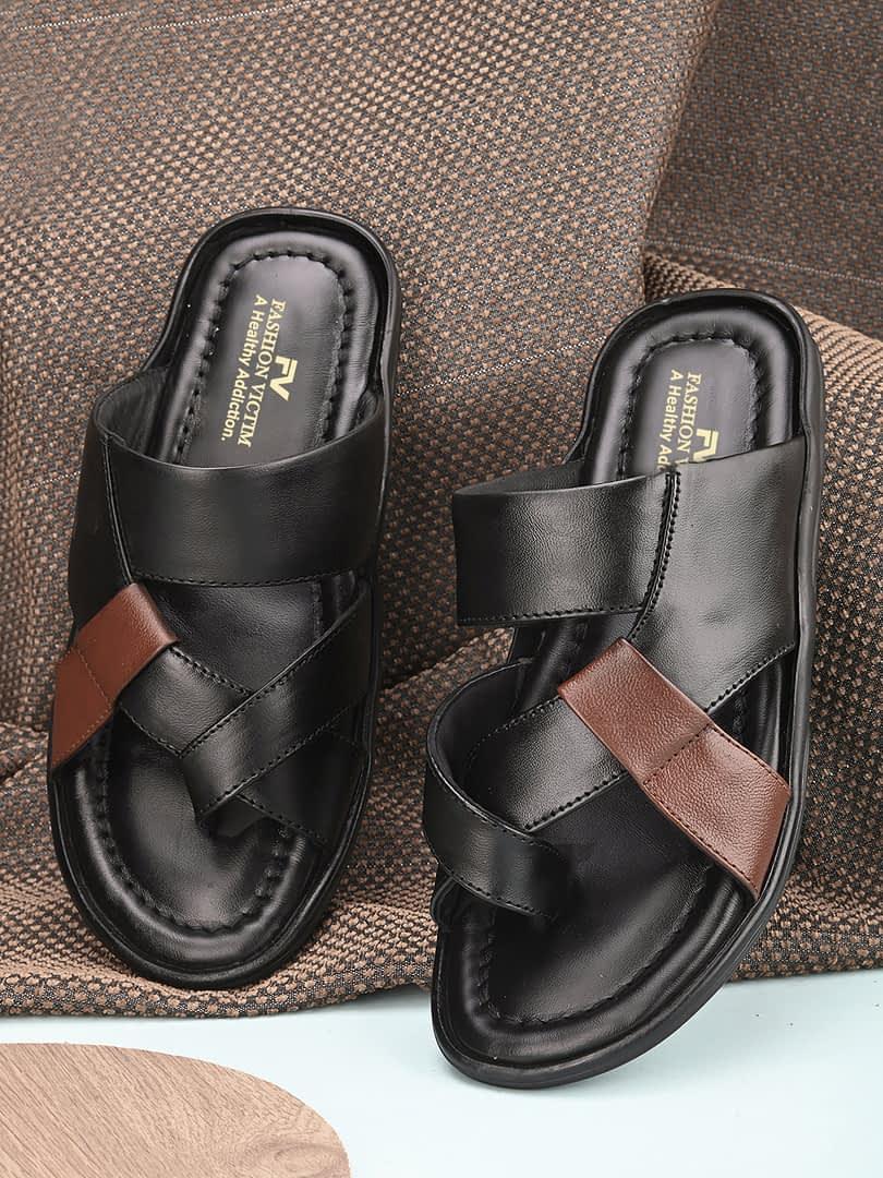 fashion victim Men Black & Brown Leather Comfort Sandals