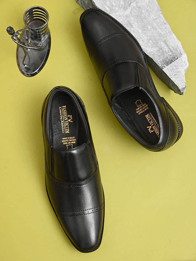 fashion victim Men Black Solid Leather Formal Slip-Ons