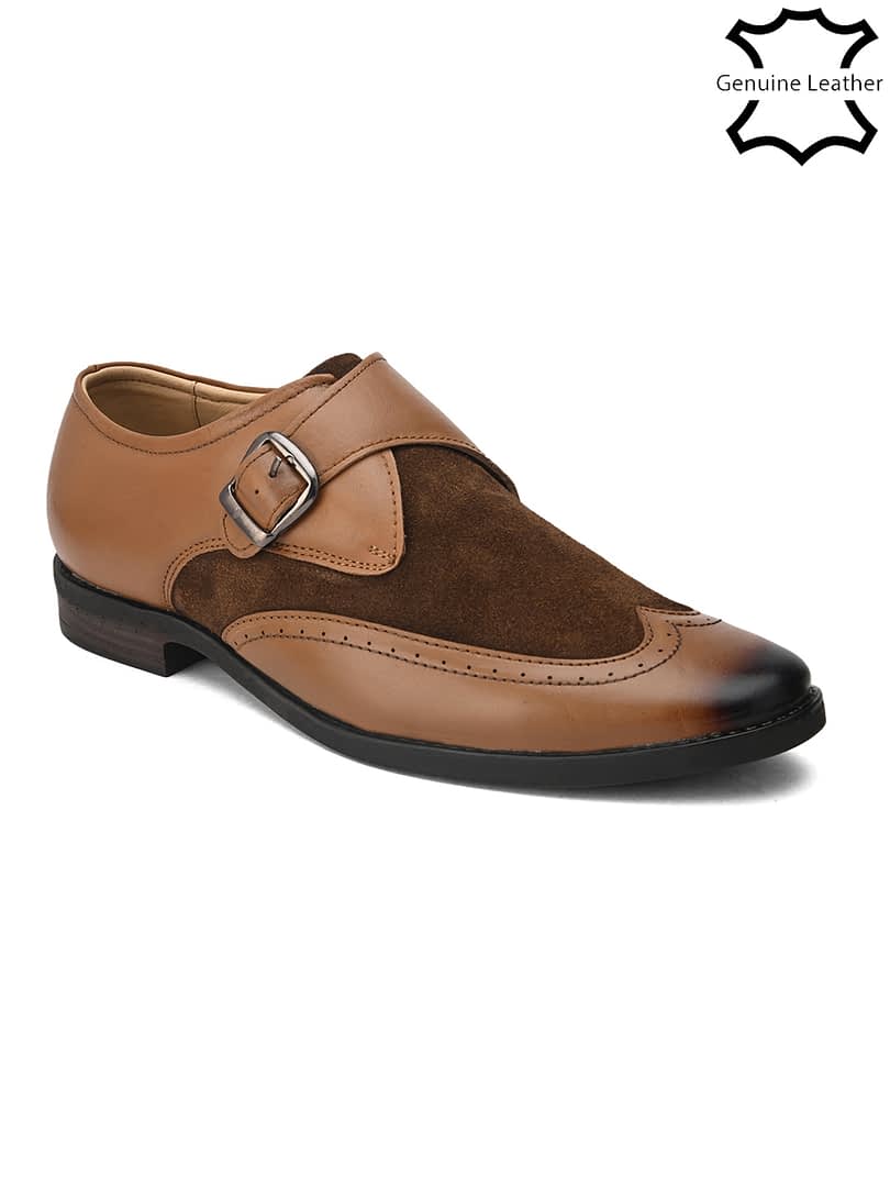 Fashion Victim Men Brown Self-Design Leather Formal Monk Shoes