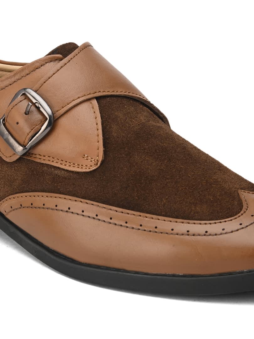 Fashion Victim Men Brown Self-Design Leather Formal Monk Shoes