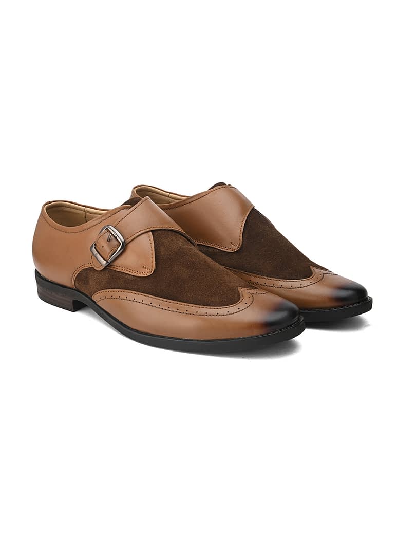 Fashion Victim Men Brown Self-Design Leather Formal Monk Shoes