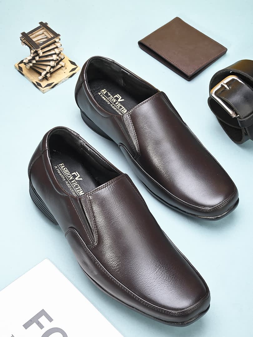 fashion victim Men Brown Solid Leather Formal Slip-Ons