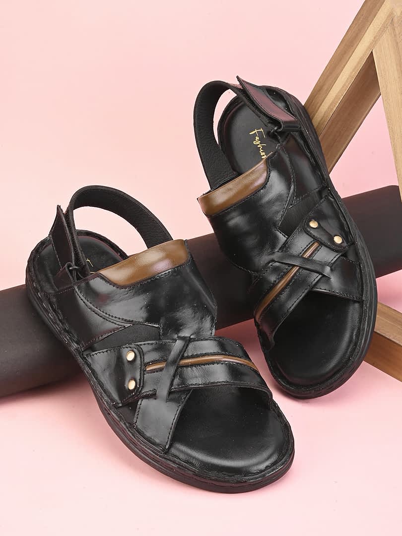 fashion victim Men Open Toe Leather Comfort Sandals With Velcro Closure