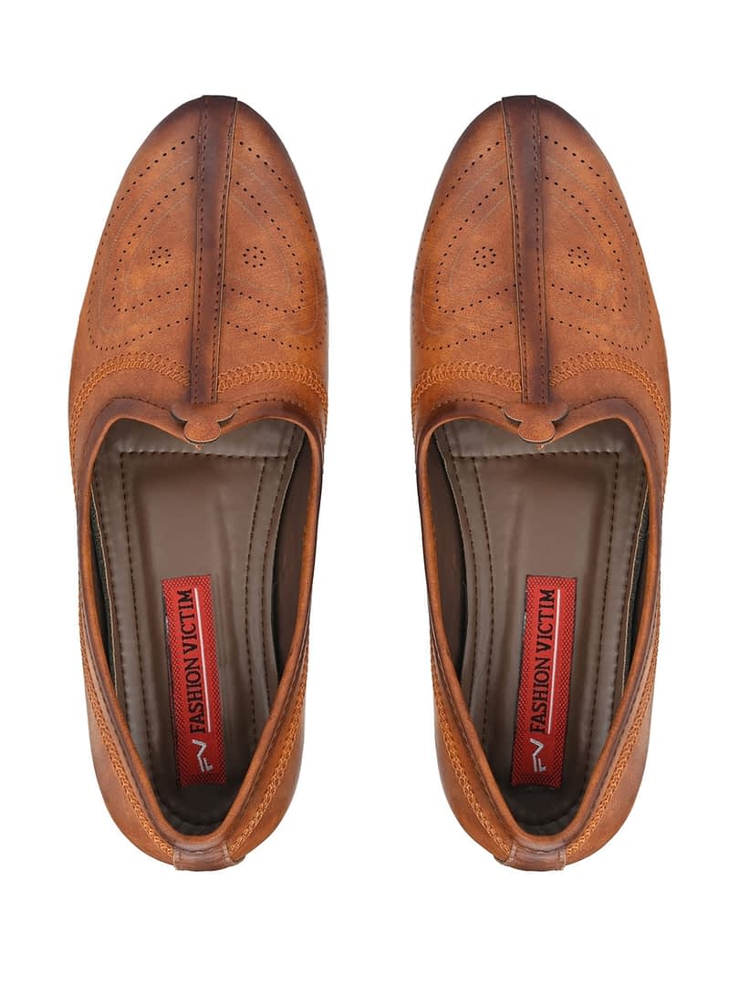 Fashion Victim Men Tan Brown Perforations Mojaris Casual Shoes