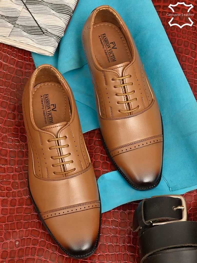 fashion victim Men Tan Solid Leather Formal Oxfords