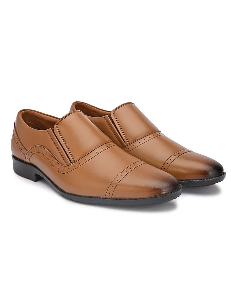 Fashion Victim Men Tan Solid Leather Formal Slip-Ons