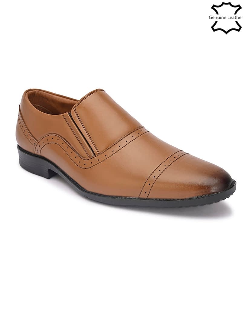 Fashion Victim Men Tan Solid Leather Formal Slip-Ons