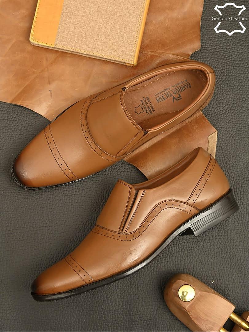 fashion victim Men Tan Solid Leather Formal Slip-Ons
