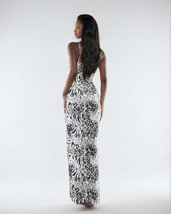 Fashionkilla Double Layer Ruched Bust Strappy Maxi Dress In Leopard