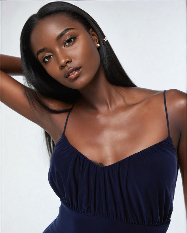 Fashionkilla Double Layer Ruched Bust Strappy Maxi Dress In Navy