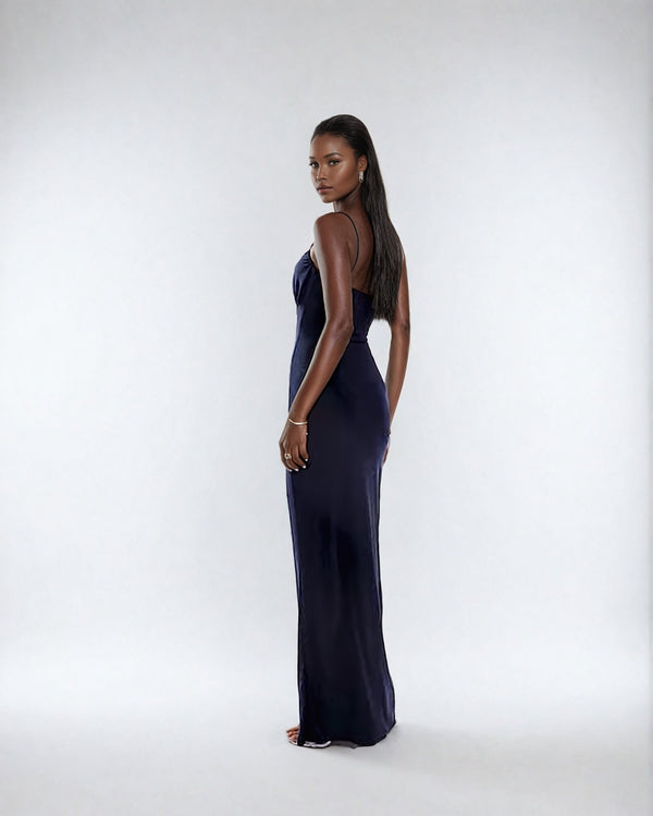 Fashionkilla Double Layer Ruched Bust Strappy Maxi Dress In Navy