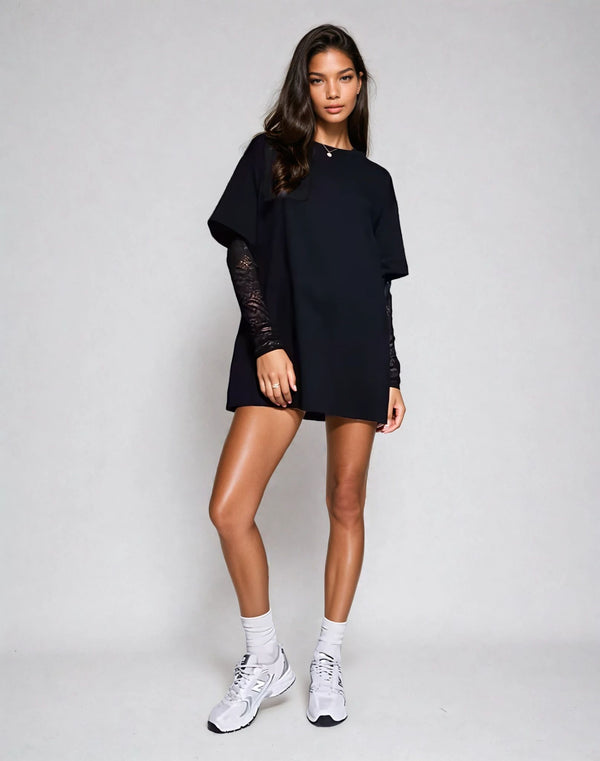 Fashionkilla Exclusive Cotton Lace Sleeve Mini T-shirt Dress In Black
