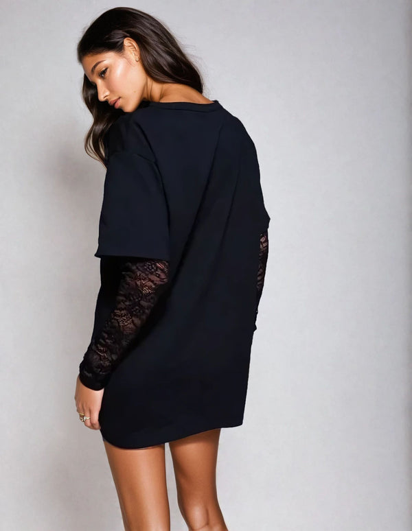 Fashionkilla Exclusive Cotton Lace Sleeve Mini T-shirt Dress In Black