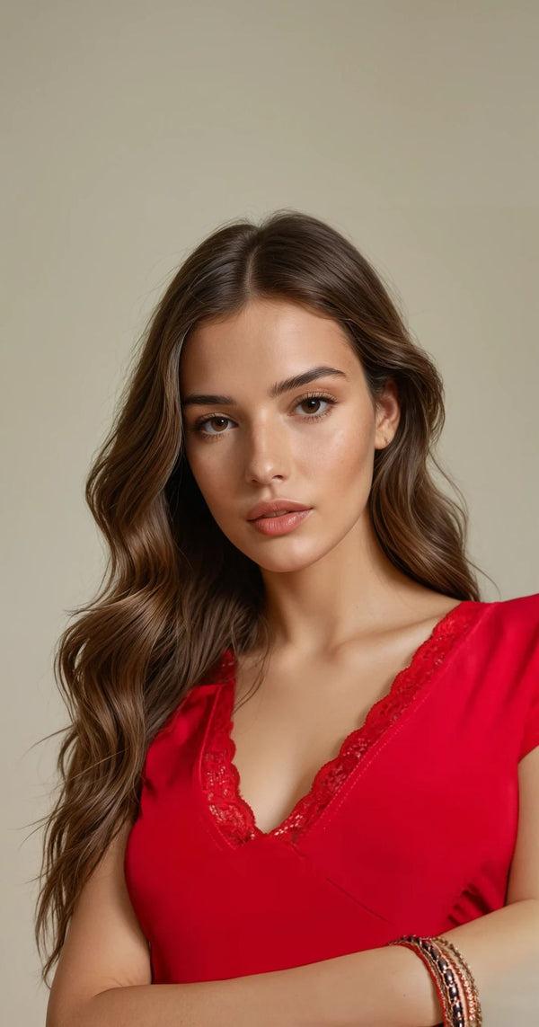 Fashionkilla Exclusive Double Layer Black Lace Trim T-Shirt In Cherry Red