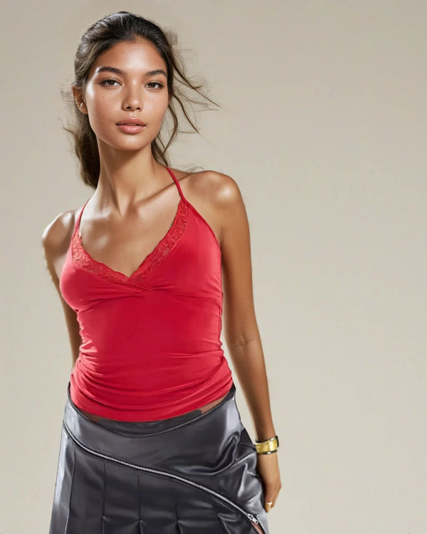 fashionkilla Exclusive Double Sculpted Lace Trim Halterneck Top in Cherry Red