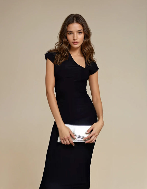 Fashionkilla Exclusive Double Sculpted Slinky Asymmetric Neckline Maxi Dress In Black