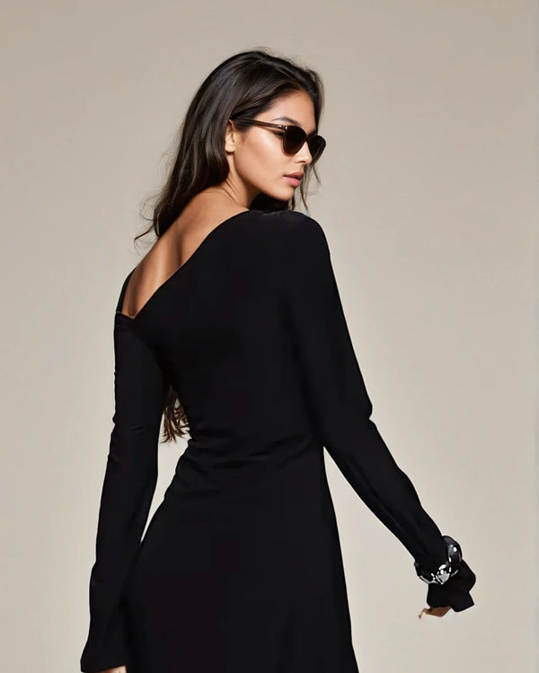 Fashionkilla Exclusive Double Sculpted Slinky Asymmetric Shoulder A-Line Mini Dress In Black
