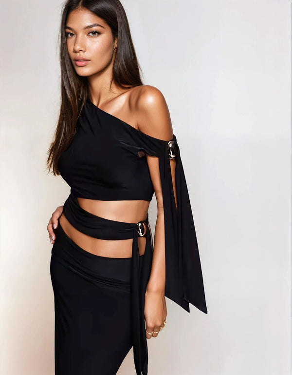 Fashionkilla Exclusive Double Sculpted Slinky Column Maxi Skirt Co-ord In Black