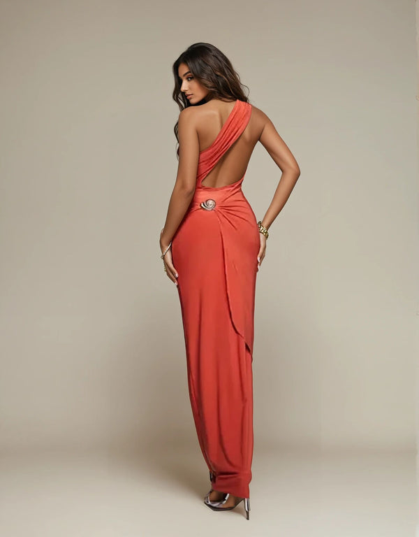 Fashionkilla Exclusive Double Sculpted Slinky Conch Shell Detail Open Back Maxi Dress In Orange