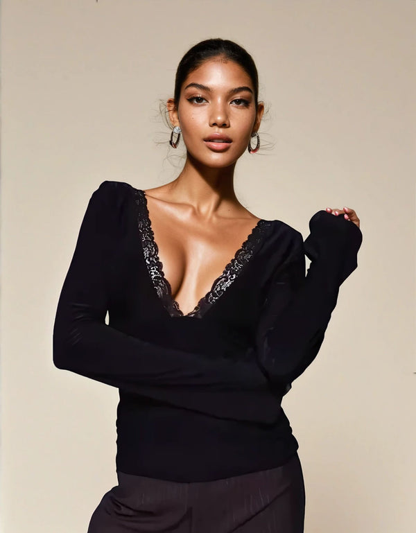 fashionkilla Exclusive Double Sculpted Slinky Lace Trim V Neck Long Sleeve Top in Black