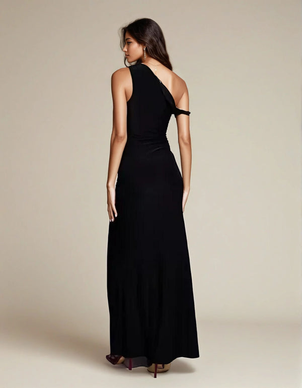 Fashionkilla Exclusive Double Sculpted Slinky Ruffle Shoulder Maxi Dress In Black