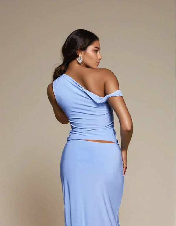 fashionkilla Exclusive Double Sculpted Slinky Ruffle shoulder top in Baby Blue