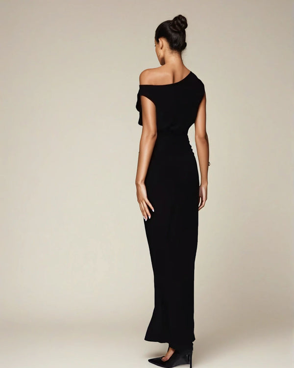 Fashionkilla Exclusive Double Sculpted Slinky Sleeveless Asymmetric Neck Ruched Bodycon Maxi Dress In Black