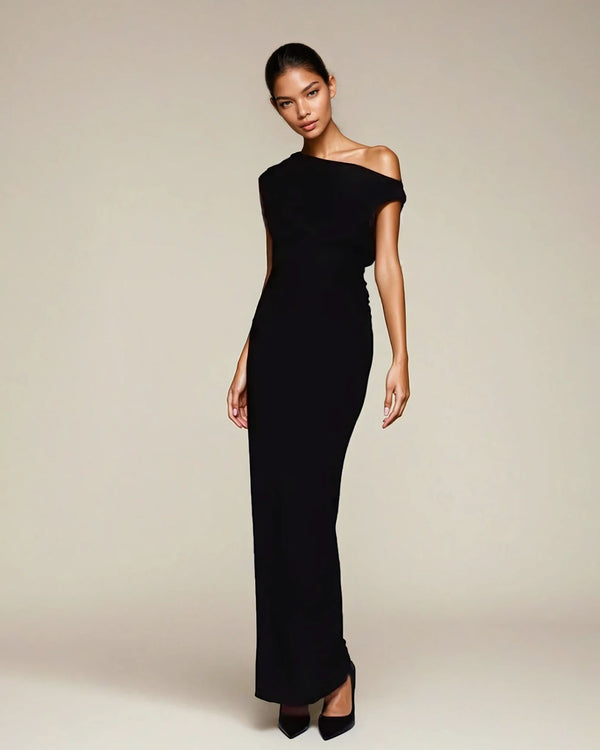 Fashionkilla Exclusive Double Sculpted Slinky Sleeveless Asymmetric Neck Ruched Bodycon Maxi Dress In Black