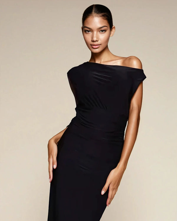 Fashionkilla Exclusive Double Sculpted Slinky Sleeveless Asymmetric Neck Ruched Bodycon Maxi Dress In Black